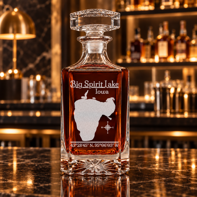 Big Spirit Lake Iowa Classic engraved square whiskey decanter — decanter alone in bar scene