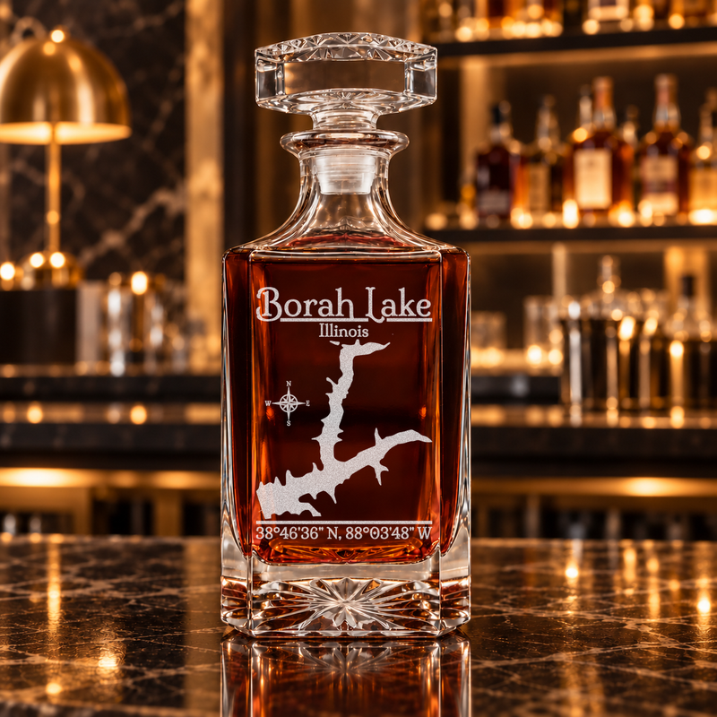 Borah Lake Illinois Classic engraved square whiskey decanter — decanter alone in bar scene