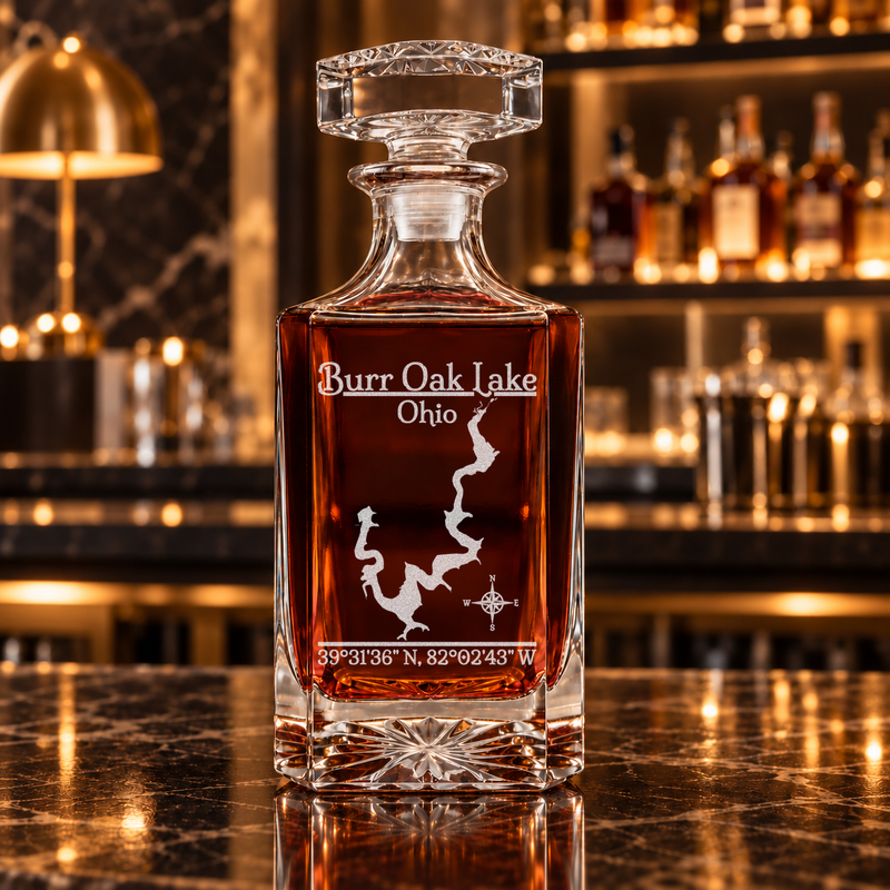 Burr Oak Lake Ohio Classic engraved square whiskey decanter — decanter alone in bar scene