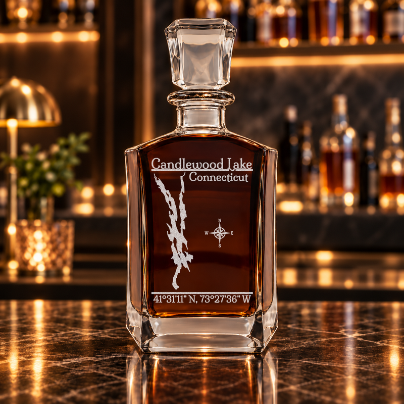 Candlewood Lake Connecticut Classic engraved six-sided whiskey decanter — decanter alone in bar scene