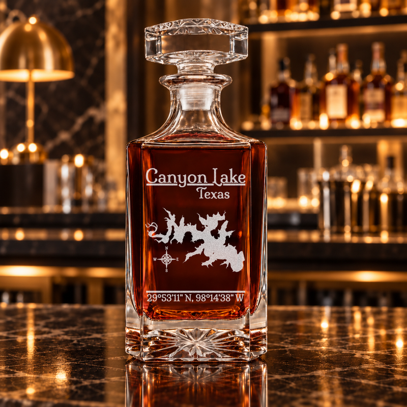 Canyon Lake Texas Classic engraved square whiskey decanter — decanter alone in bar scene
