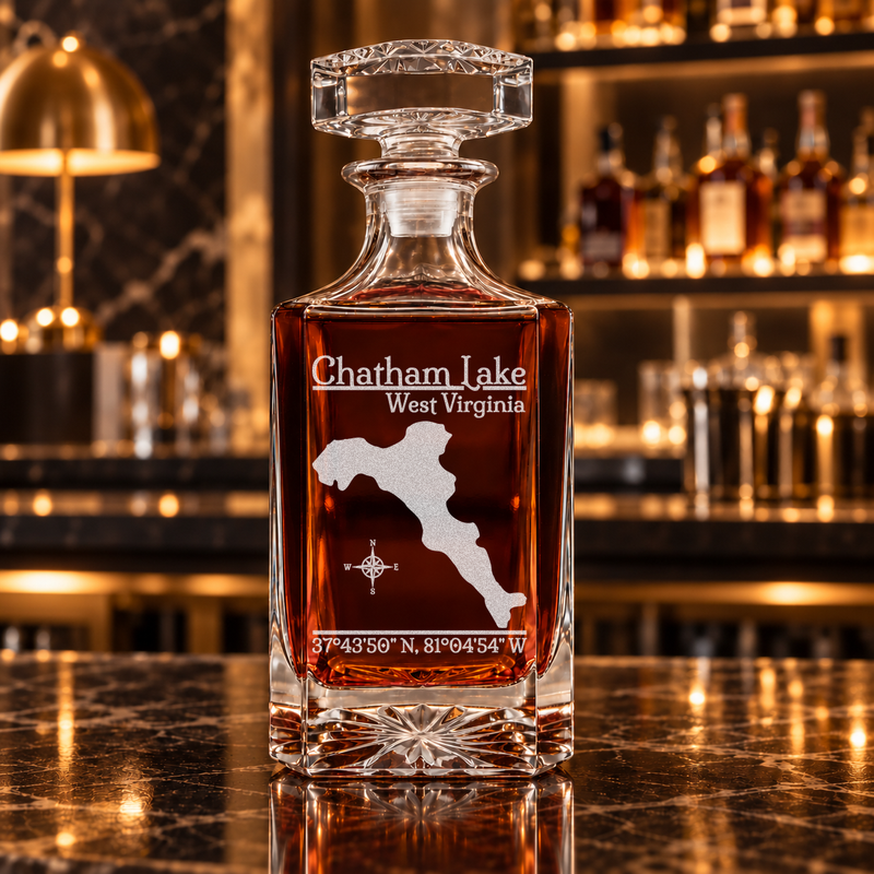 Chatham Lake West Virginia Classic engraved square whiskey decanter — decanter alone in bar scene