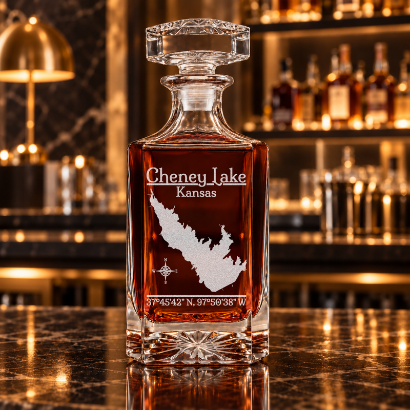 Cheney Lake Kansas Classic engraved square whiskey decanter — decanter alone in bar scene