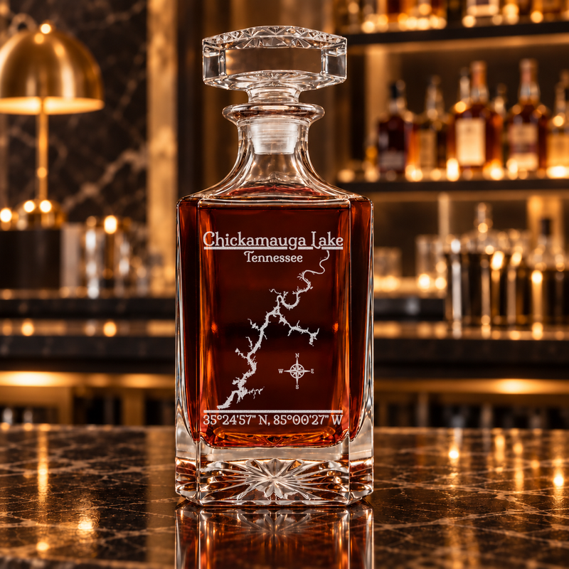 Chickamauga Lake Tennessee Classic engraved square whiskey decanter — decanter alone in bar scene