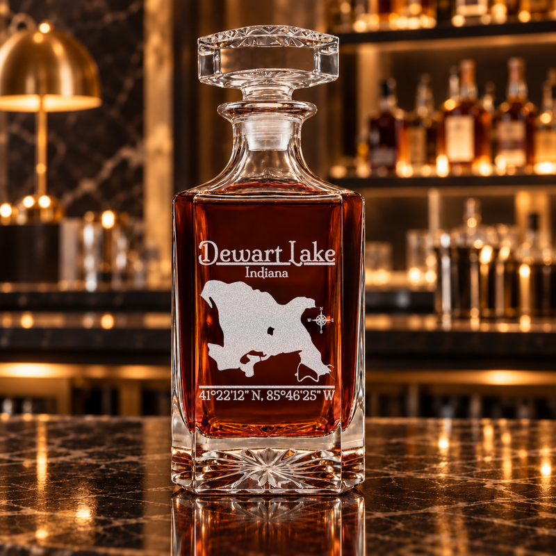 Dewart Lake Indiana Classic engraved square whiskey decanter — decanter alone in bar scene