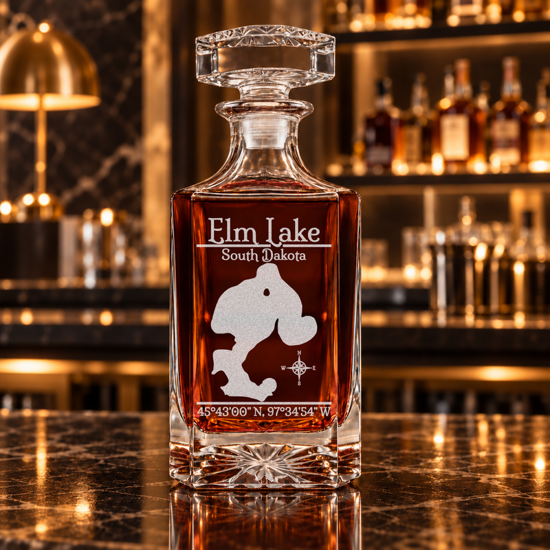 Elm Lake South Dakota Classic engraved square whiskey decanter — decanter alone in bar scene