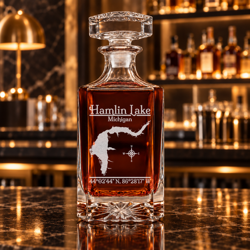 Hamlin Lake Michigan Classic engraved square whiskey decanter — decanter alone in bar scene