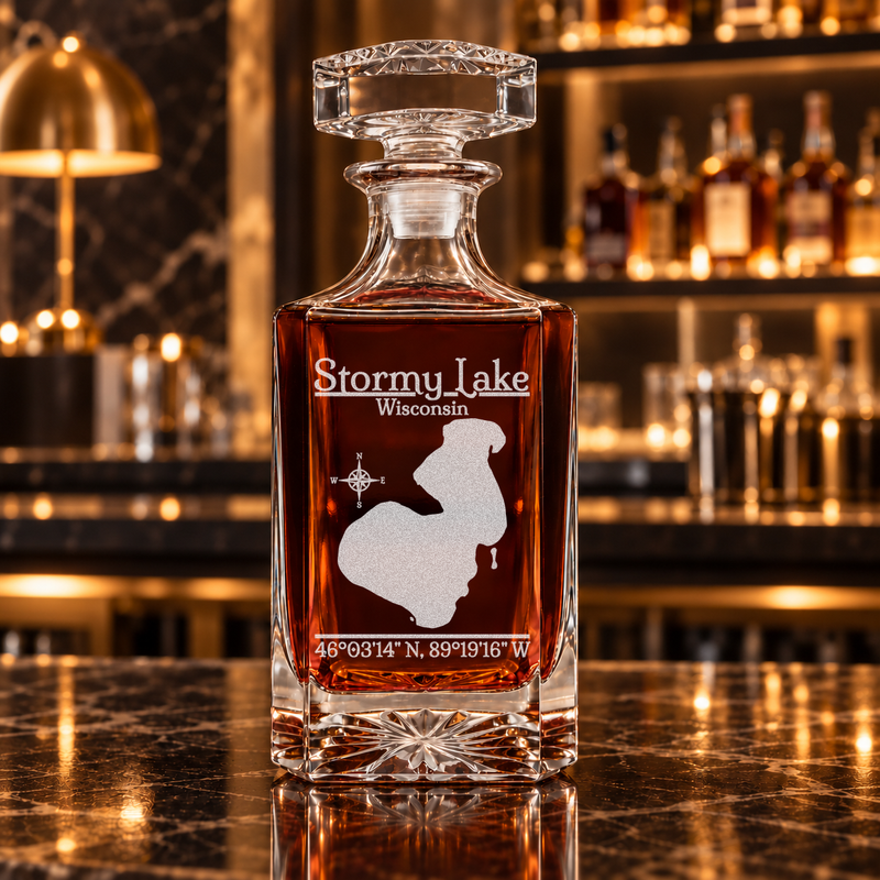 Stormy Lake Wisconsin Classic engraved square whiskey decanter โ decanter alone in bar scene