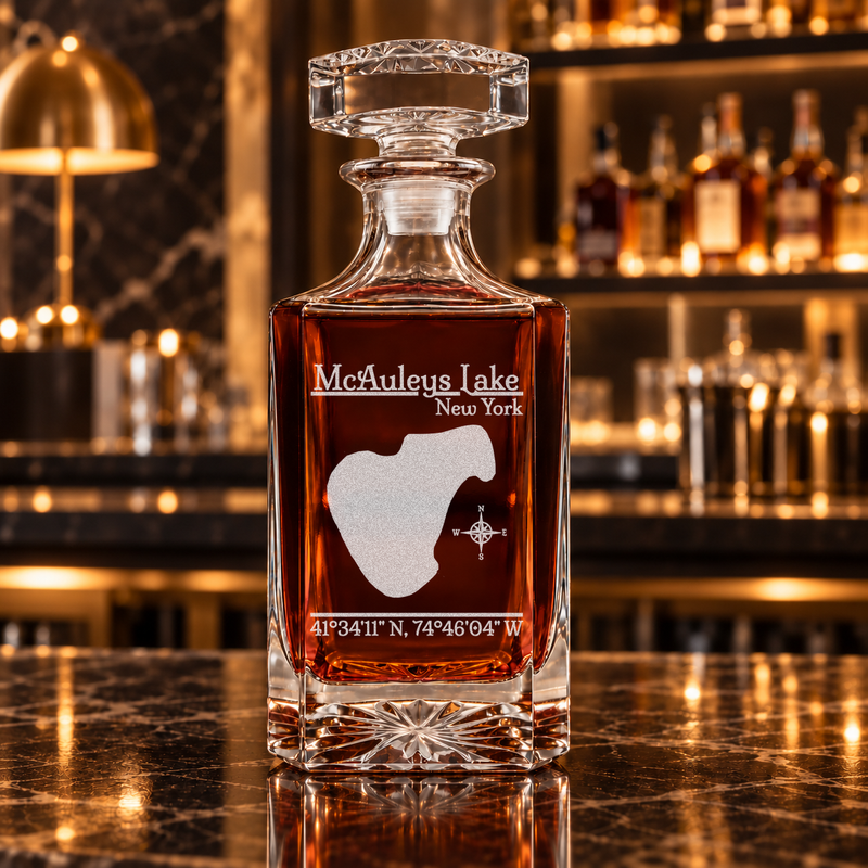 Mcauleys Lake New York Classic engraved square whiskey decanter — decanter alone in bar scene
