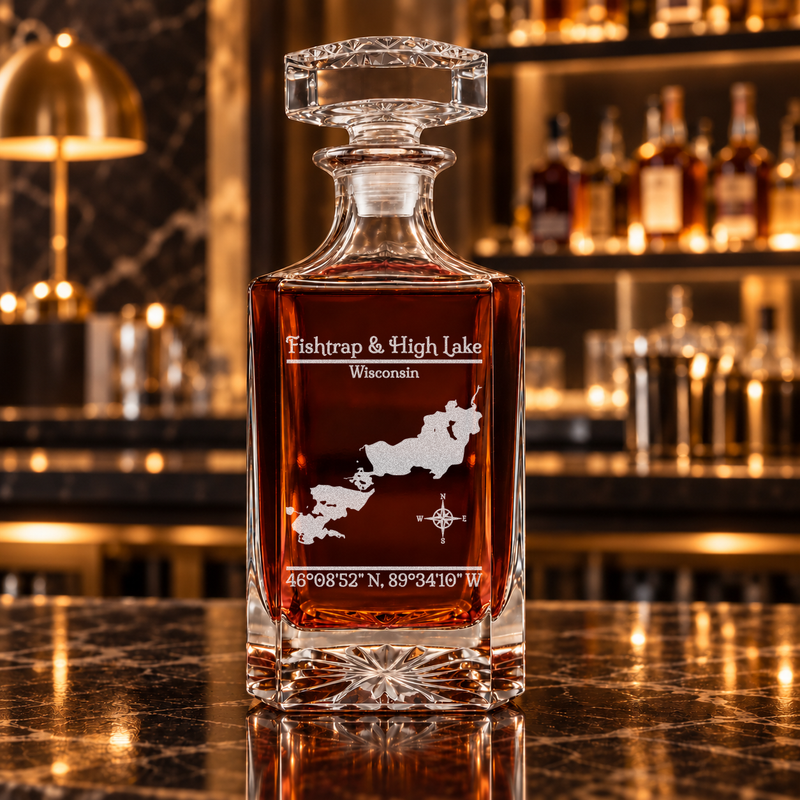 Fishtrap & High Lake Wisconsin Classic engraved square whiskey decanter — decanter alone in bar scene