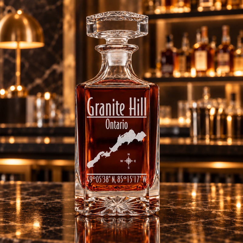 Granite Hill Lake Ontario, Canada Modern engraved square whiskey decanter — decanter alone in bar scene