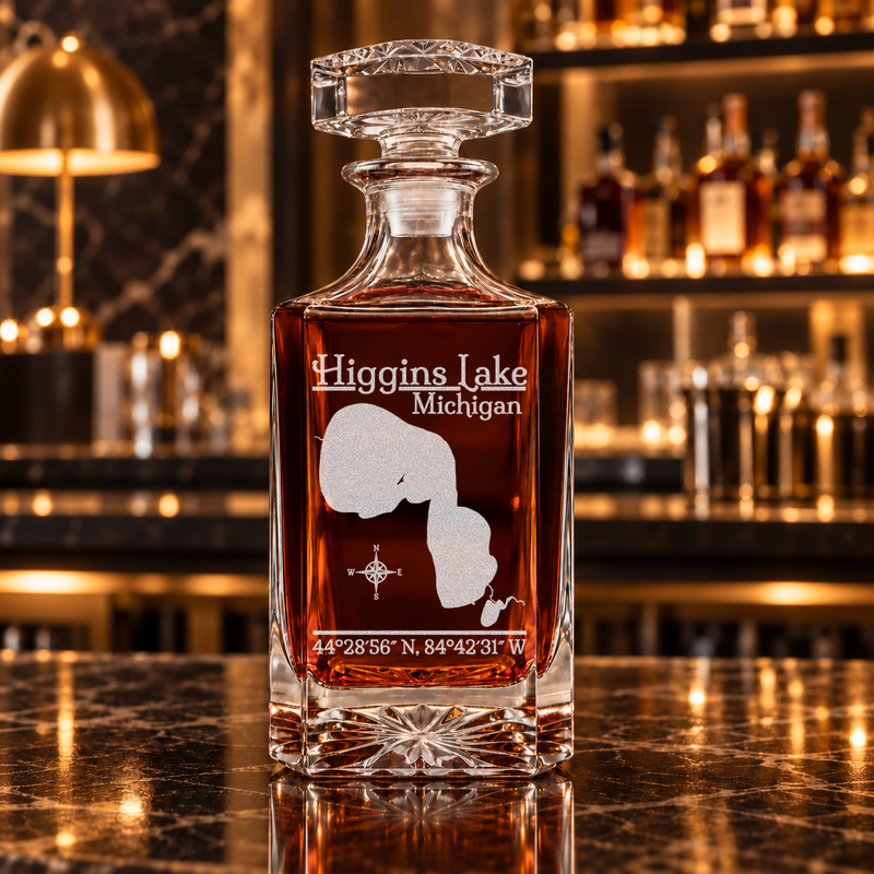 Higgins Lake Michigan Classic engraved square whiskey decanter — decanter alone in bar scene