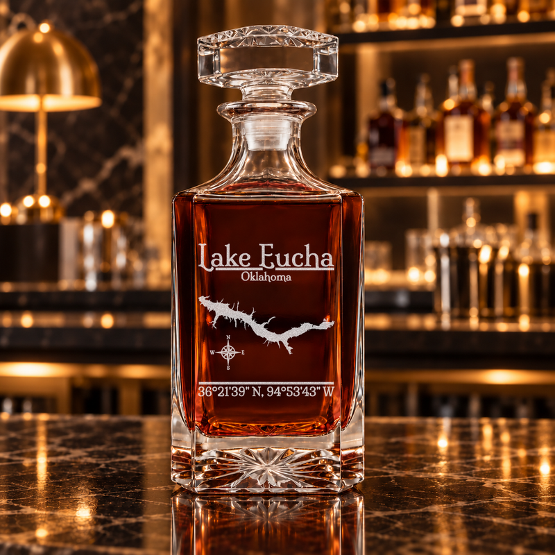 Lake Eucha Oklahoma Classic engraved square whiskey decanter — decanter alone in bar scene