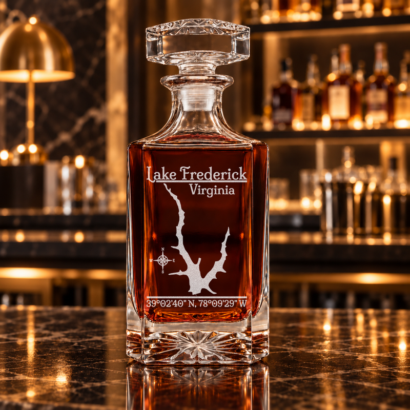Lake Frederick Virginia Classic engraved square whiskey decanter — decanter alone in bar scene