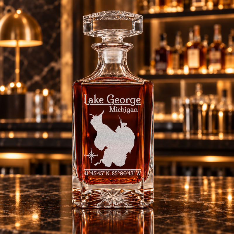 Lake George Michigan Classic engraved square whiskey decanter — decanter alone in bar scene