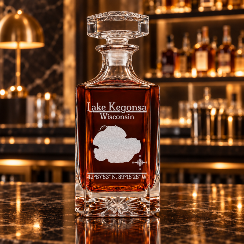 Lake Kegonsa Wisconsin Classic engraved square whiskey decanter — decanter alone in bar scene