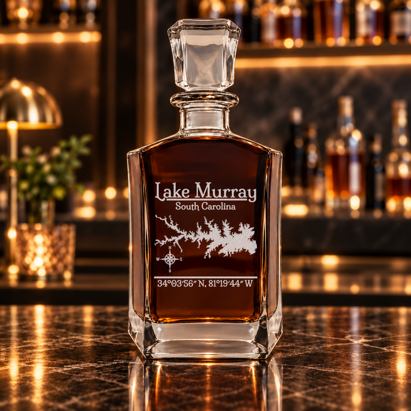 Lake Murray South Carolina Classic engraved six-sided whiskey decanter — decanter alone in bar scene