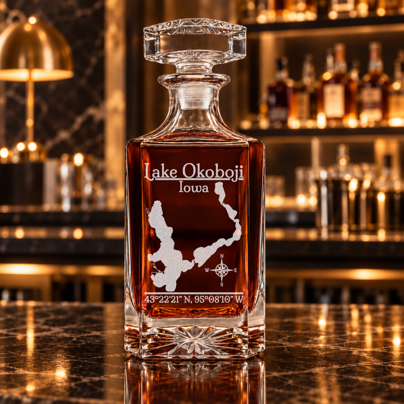 Lake Okoboji Iowa Classic engraved square whiskey decanter — decanter alone in bar scene