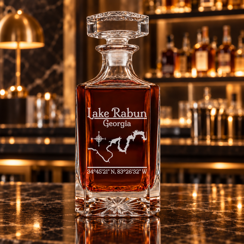 Lake Rabun Georgia Classic engraved square whiskey decanter — decanter alone in bar scene