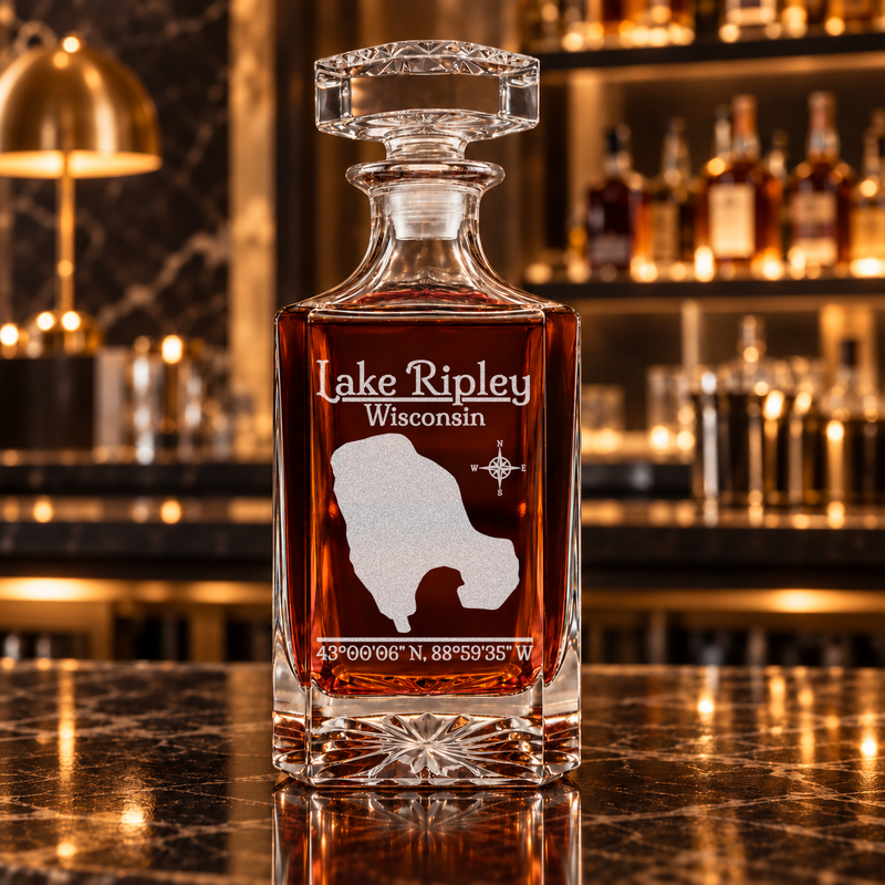 Lake Ripley Wisconsin Classic engraved square whiskey decanter — decanter alone in bar scene