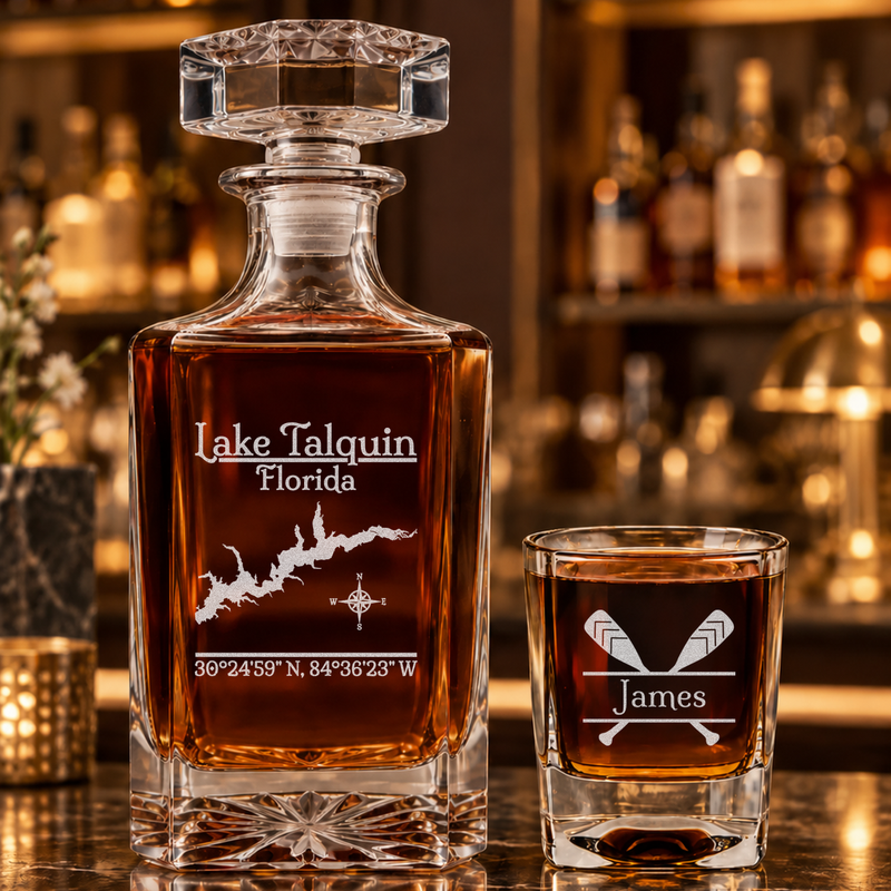 Lake Talquin Florida Classic engraved square whiskey decanter - matching sample glass