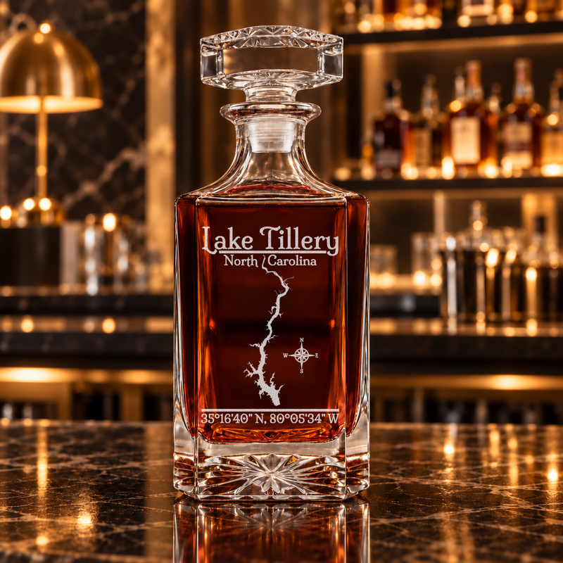 Lake Tillery North Carolina Classic engraved square whiskey decanter โ decanter alone in bar scene
