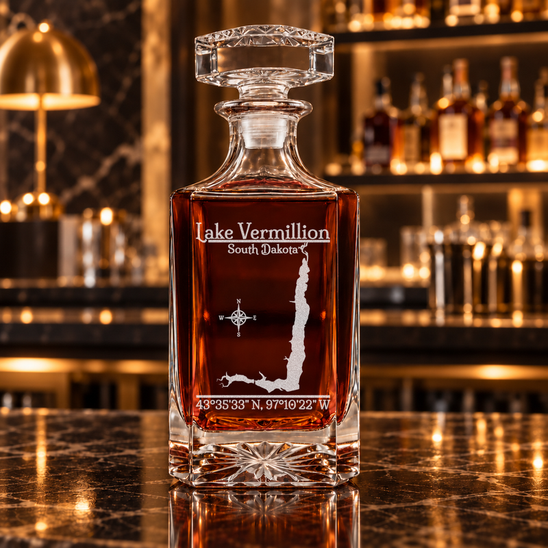 Lake Vermillion South Dakota Classic engraved square whiskey decanter — decanter alone in bar scene