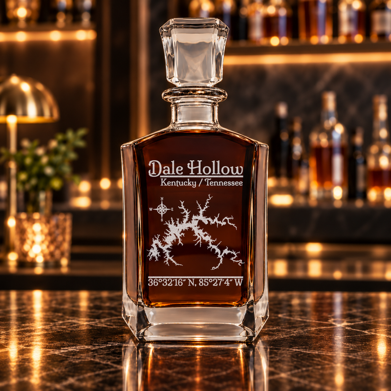 Dale Hollow Lake Kentucky Classic engraved six-sided whiskey decanter — decanter alone in bar scene