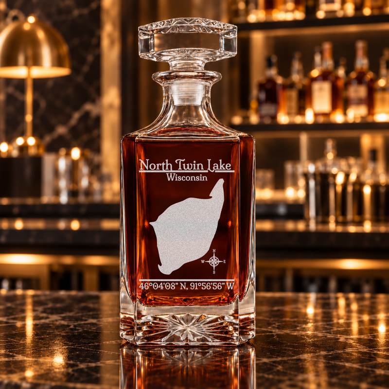 North Twin Lake Wisconsin Classic engraved square whiskey decanter — decanter alone in bar scene