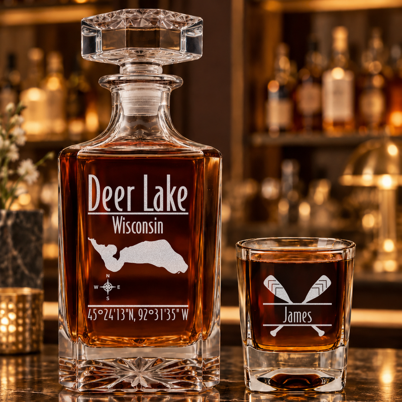 Deer Lake Wisconsin Modern engraved square whiskey decanter - matching sample glass