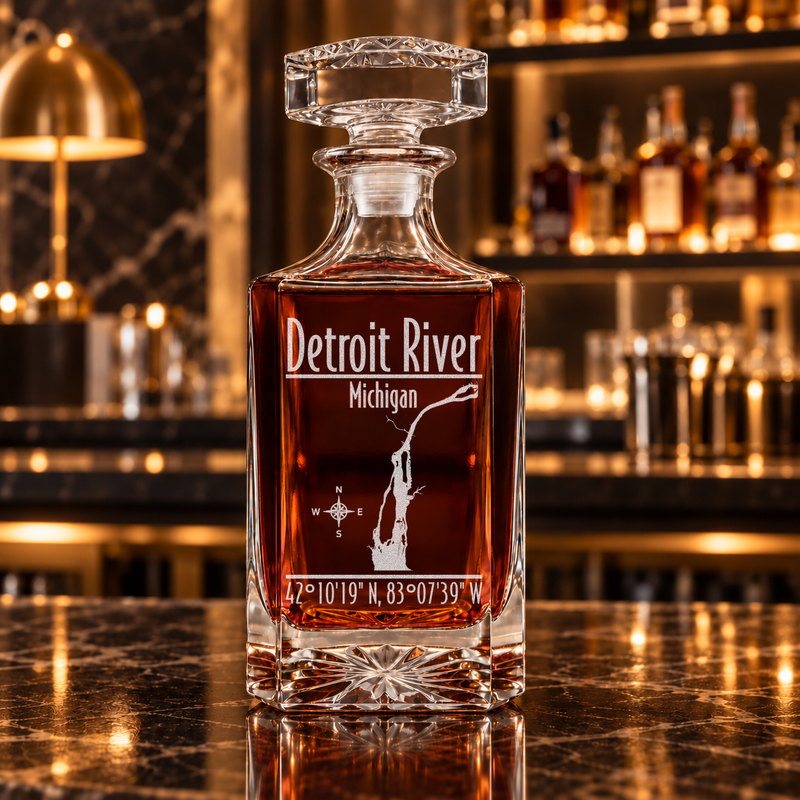Detroit River Michigan Modern engraved square whiskey decanter — decanter alone in bar scene