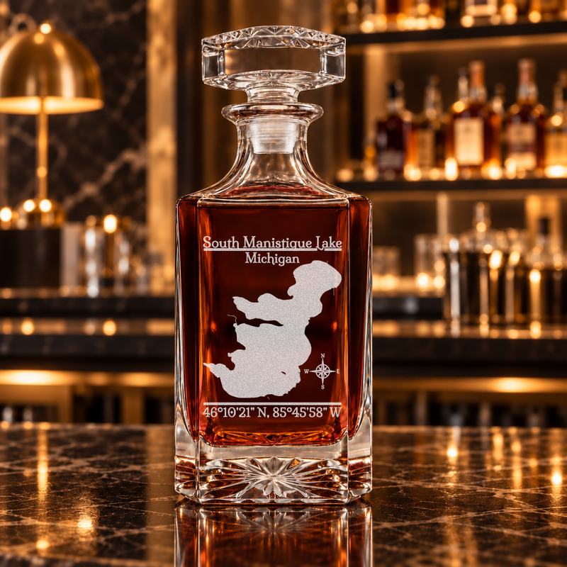 South Manistique Lake Michigan Classic engraved square whiskey decanter — decanter alone in bar scene