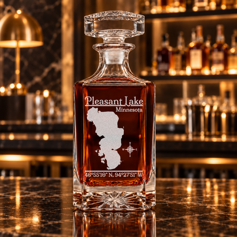 Pleasant Lake Minnesota Classic engraved square whiskey decanter — decanter alone in bar scene