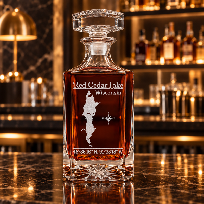 Red Cedar Lake Wisconsin Classic engraved square whiskey decanter — decanter alone in bar scene
