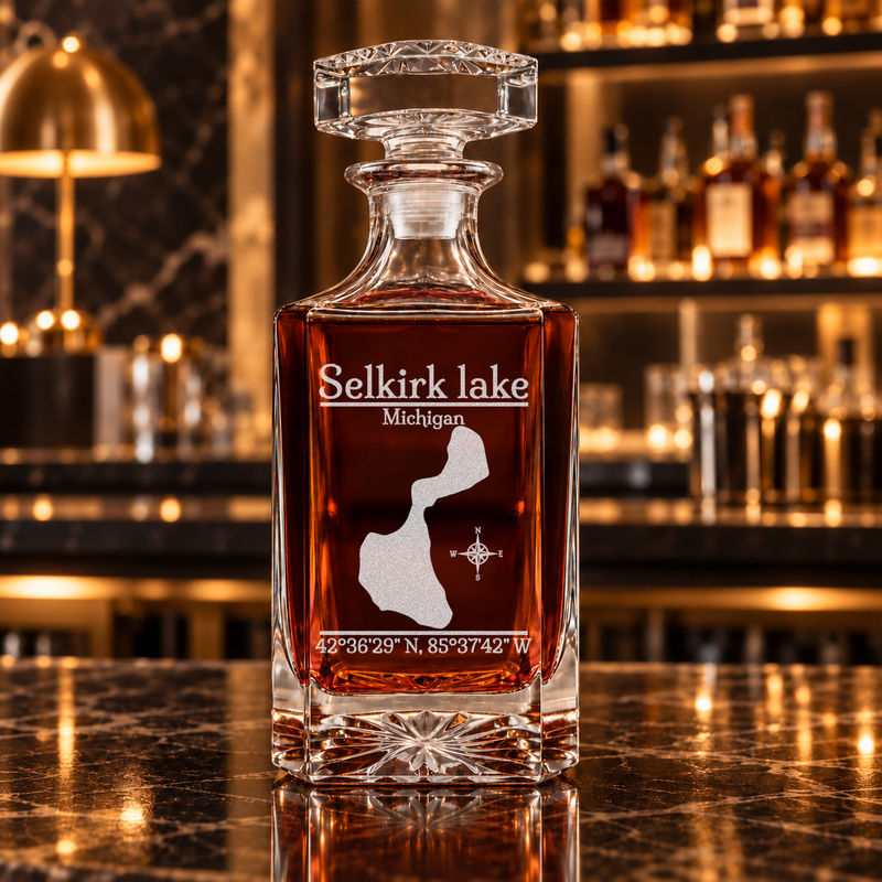 Selkirk Lake Michigan Classic engraved square whiskey decanter — decanter alone in bar scene