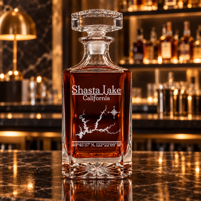 Shasta Lake California Classic engraved square whiskey decanter — decanter alone in bar scene