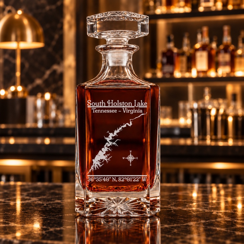South Holston Lake Tennessee Classic engraved square whiskey decanter — decanter alone in bar scene