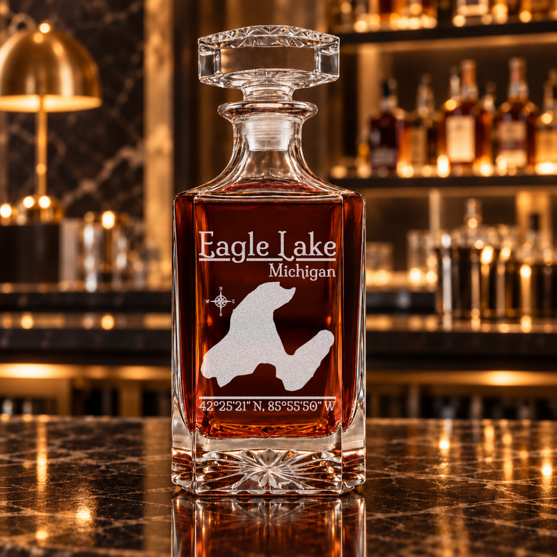 Eagle Lake Michigan Classic engraved square whiskey decanter - decanter alone