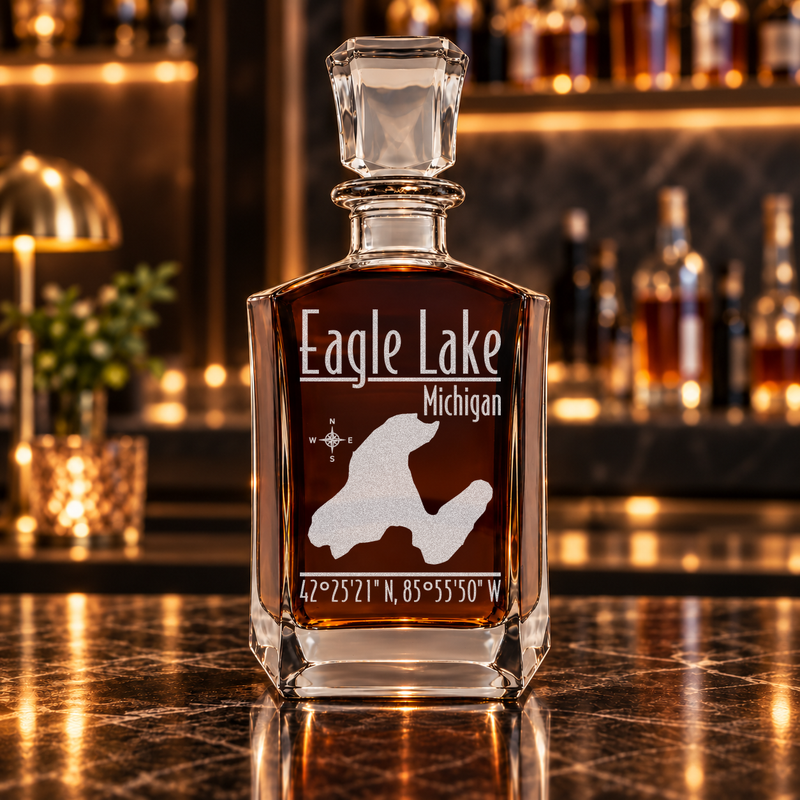 Eagle Lake Michigan Modern engraved six-sided whiskey decanter - decanter alone