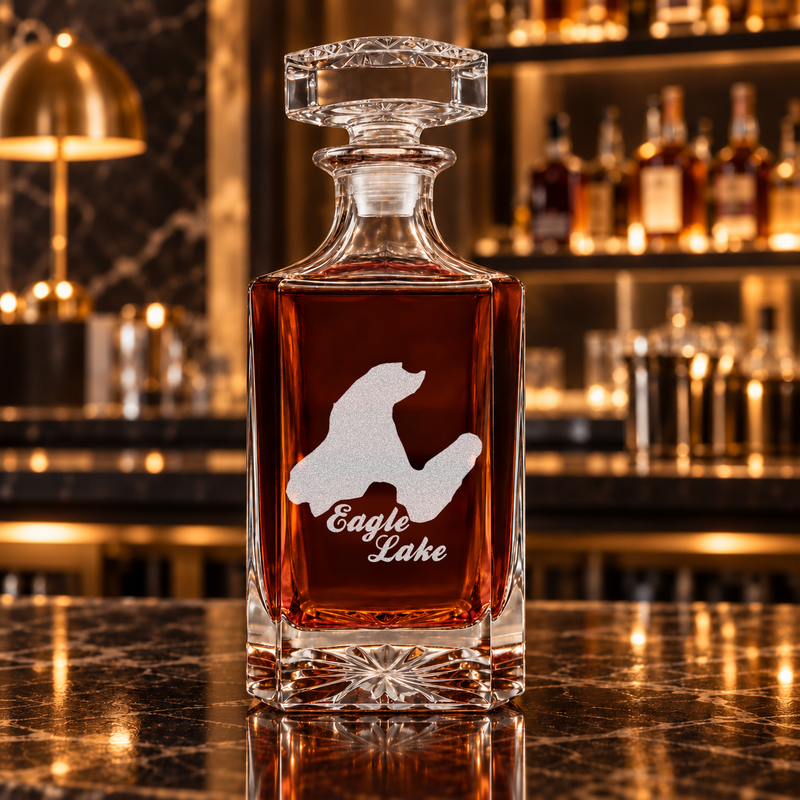 Eagle Lake Michigan Minimalist engraved square whiskey decanter - decanter alone