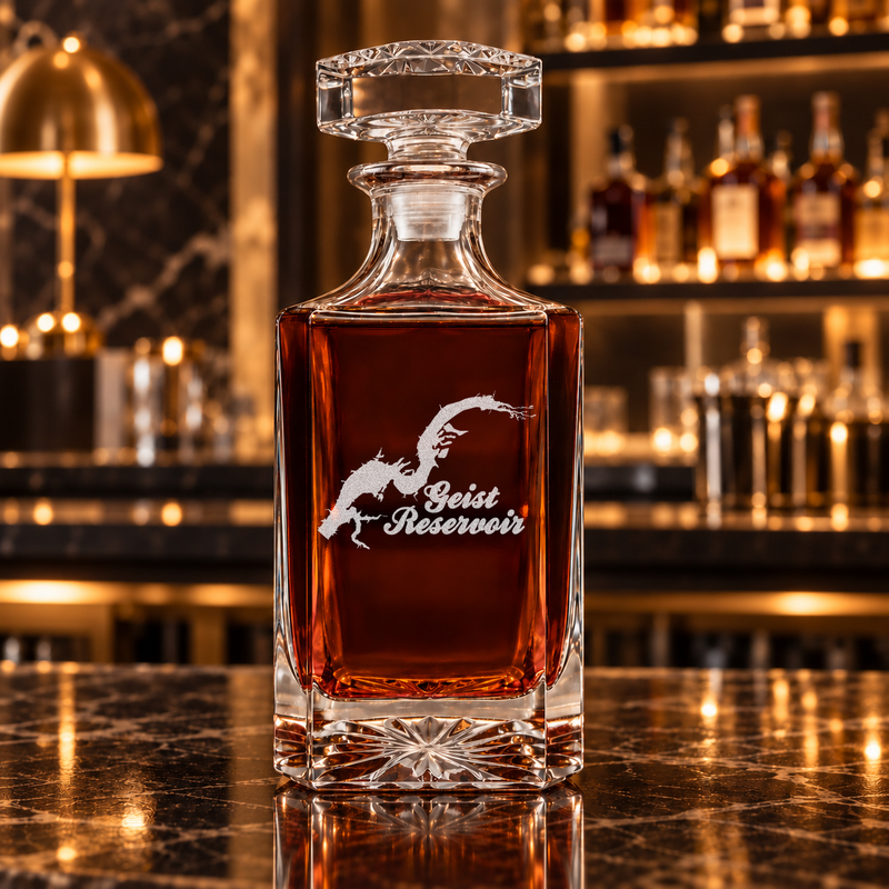 Geist Reservoir Indiana Minimalist engraved square whiskey decanter - decanter alone