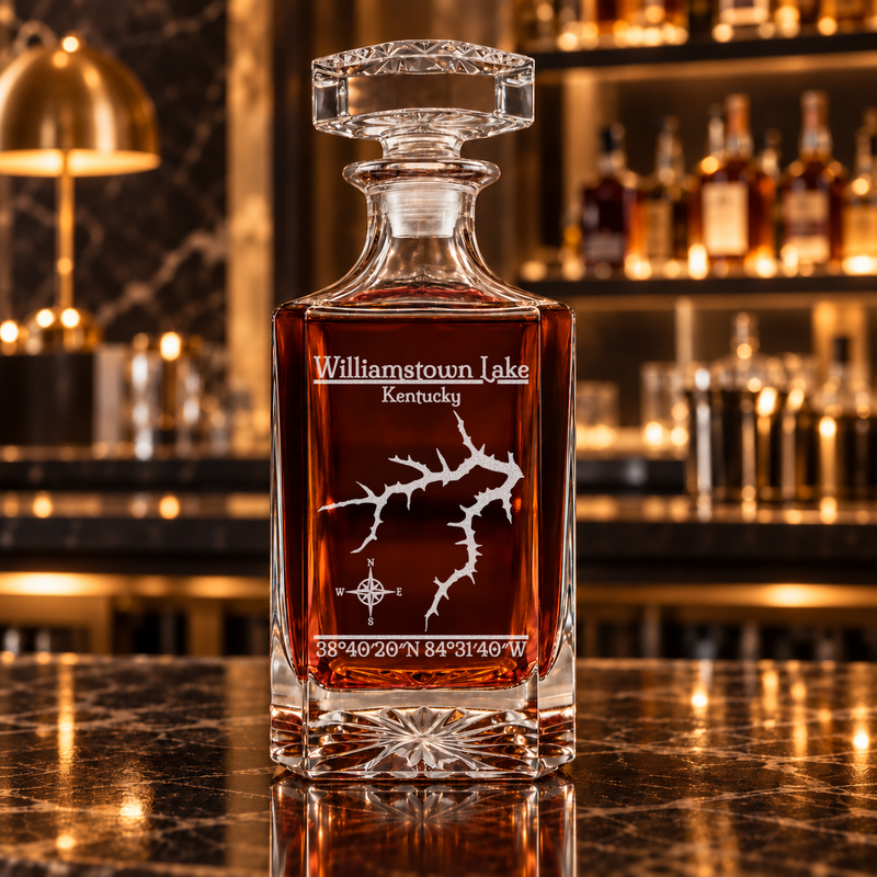 Williamstown Lake Kentucky Classic engraved square whiskey decanter - decanter alone
