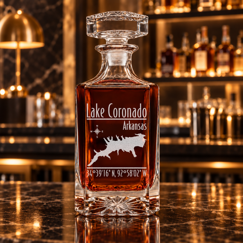 Lake Coronado Arkansas Modern engraved square whiskey decanter - decanter alone