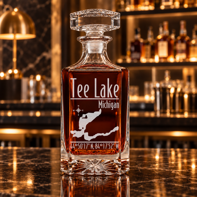 Tee Lake Michigan Modern engraved square whiskey decanter - decanter alone