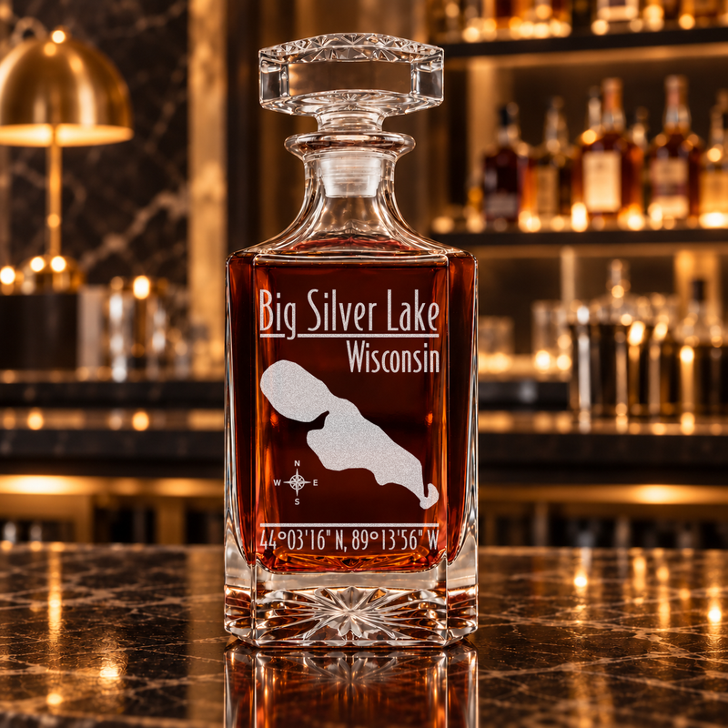 Big Silver Lake Wisconsin Modern engraved square whiskey decanter - decanter alone