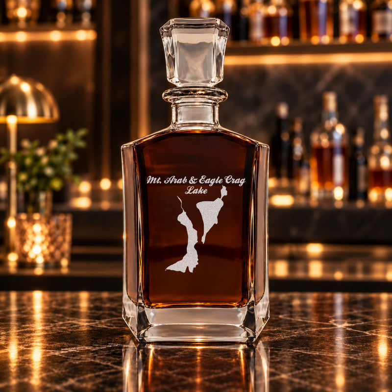 Mt. Arab & Eagle Crag Lake New York Minimalist engraved six-sided whiskey decanter - decanter alone
