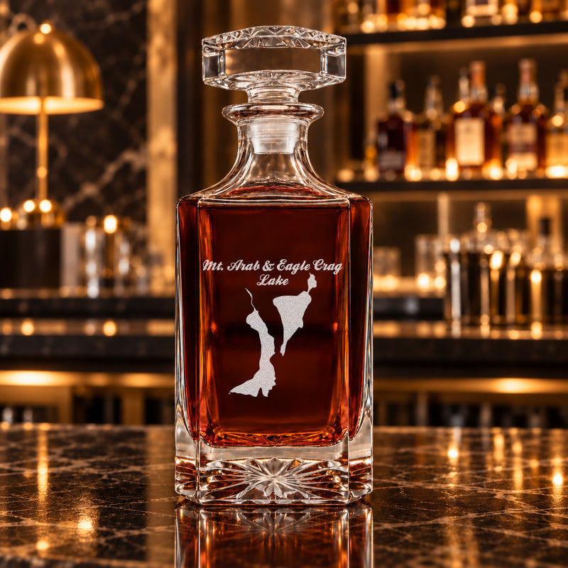 Mt. Arab & Eagle Crag Lake New York Minimalist engraved square whiskey decanter - decanter alone