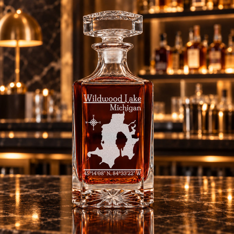 Wildwood Lake Michigan Classic engraved square whiskey decanter - decanter alone