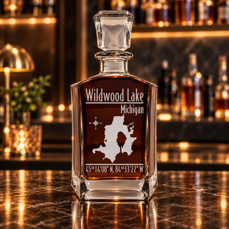 Wildwood Lake Michigan Modern engraved six-sided whiskey decanter - decanter alone