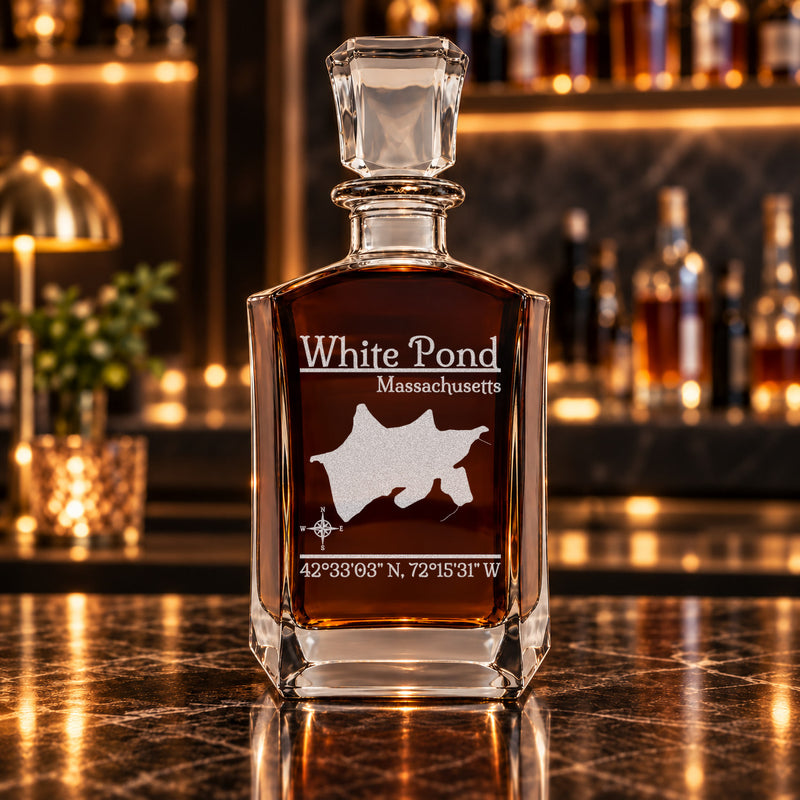 White Pond Massachusetts Classic engraved six-sided whiskey decanter - decanter alone